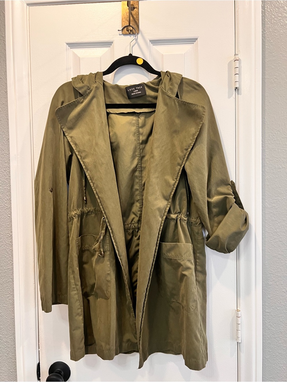 Love Tree Womens Large Olive Green Hooded Utility Jacket Open Front Size L - Picture 2 of 6